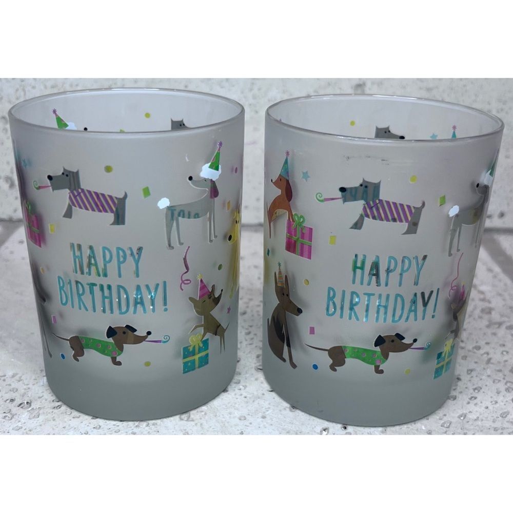 Culver Happy Birthday Frosted Dogs Low-Ball Glass Tumblers Set of 2